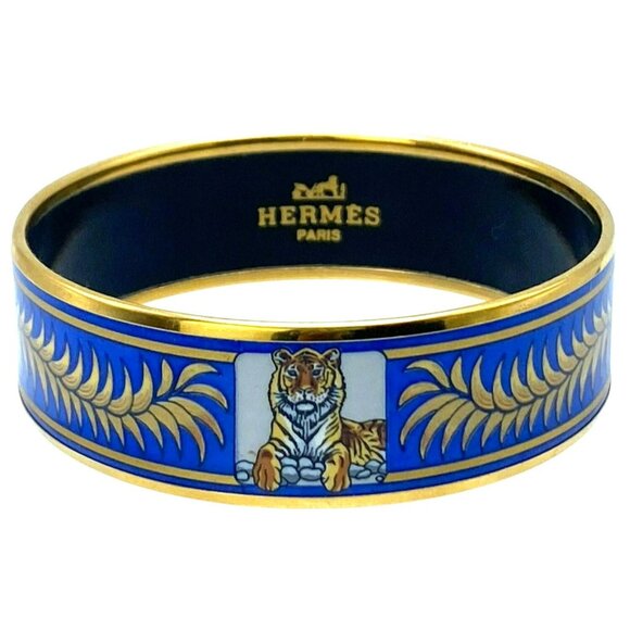 Hermes Jewelry - Hermes Tiger Bangle Bracelet Cloisonne Enamel Blue Gold Vintage Size 65 RARE!
